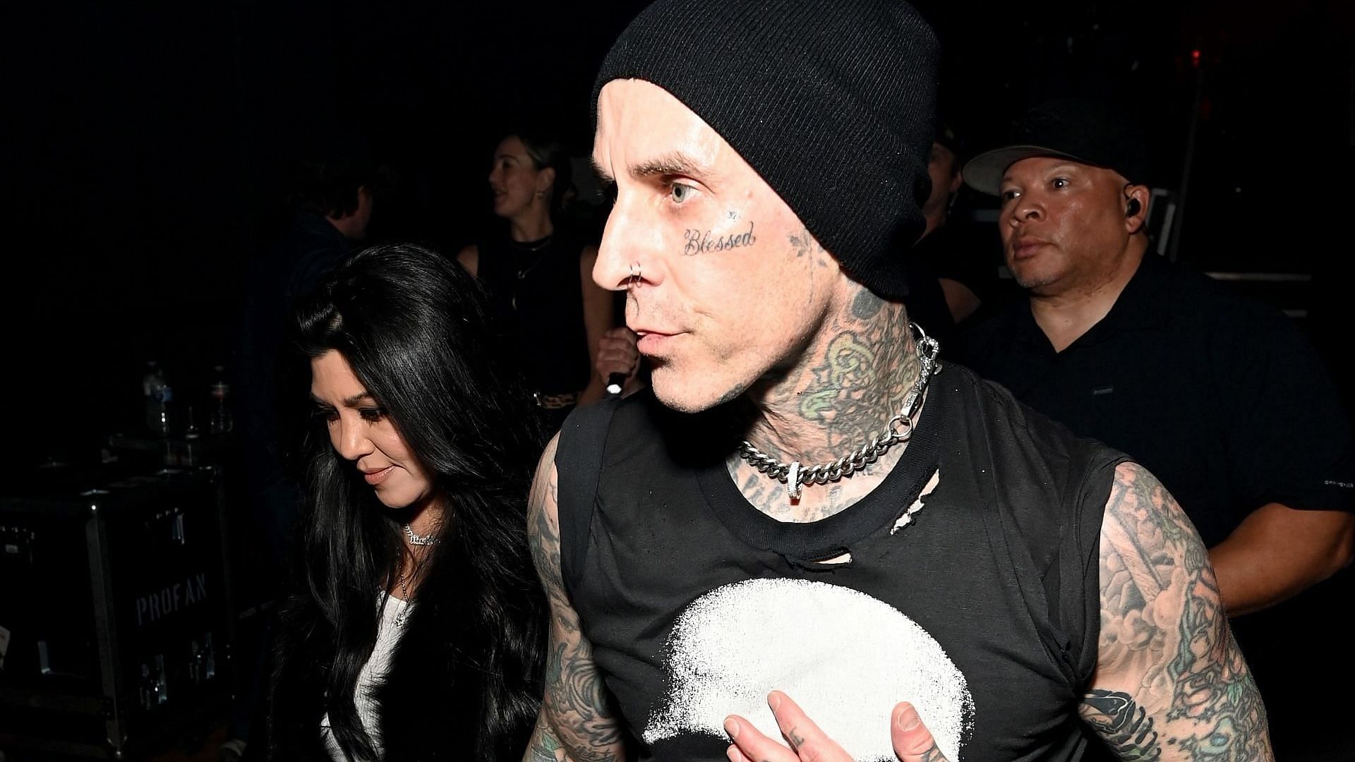 (L-R) Kourtney Kardashian and Travis Barker attend FanDuel's Super Bowl Party Powered by Spotify on February 07, 2025, in New Orleans, Louisiana. (Image via Getty/Daniel Boczarski)